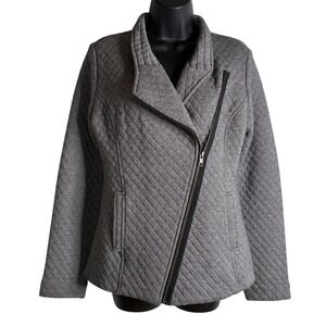 CAbi Gray Quilted Herringbone Asymmetric Zip Moto Sm Jacket Modern Chic Casual‎